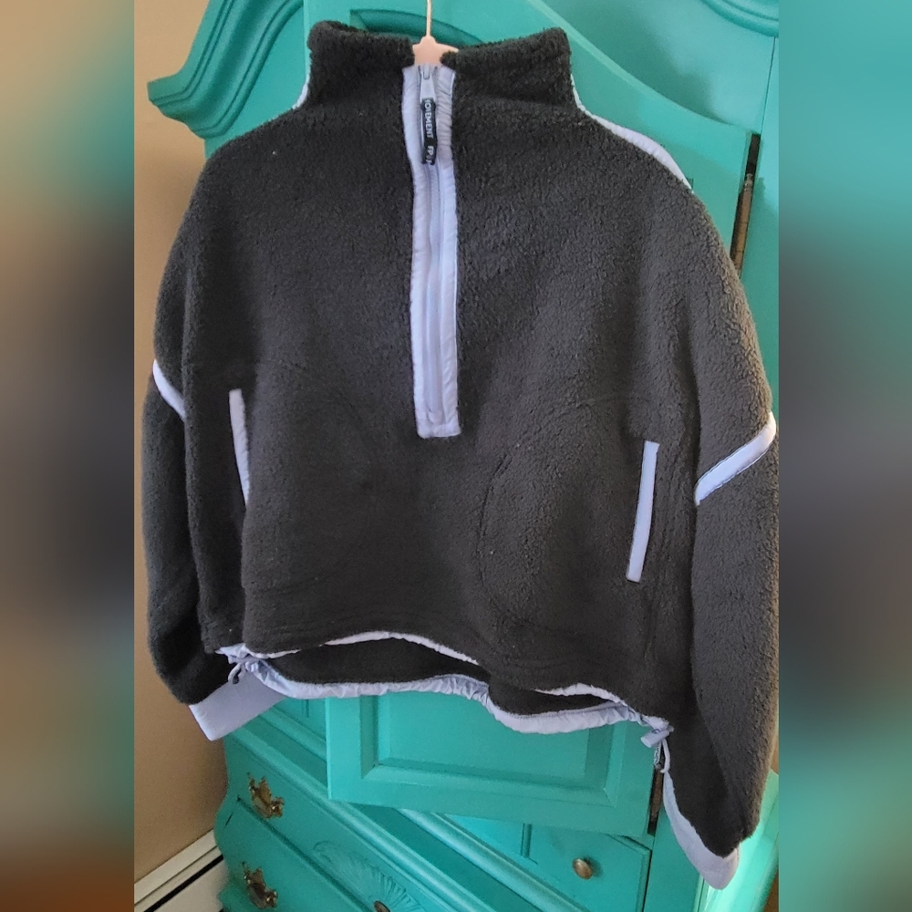 FP Movement by Free People Charcoal Sherpa Half-Zip Pullover with White Trim